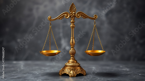 Ornate gold scale, balance, of justice on grey background, lit from above
