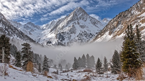 Wallpaper Mural Snowy Mountain Landscape with Tall Peaks Forested Valley and Blue Sky Natural Winter Scene Torontodigital.ca