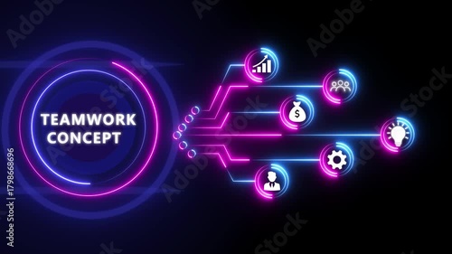 Wallpaper Mural Red Neon Teamwork Concept with Business Icons and Abstract Network on Dark Background collaboration people Torontodigital.ca