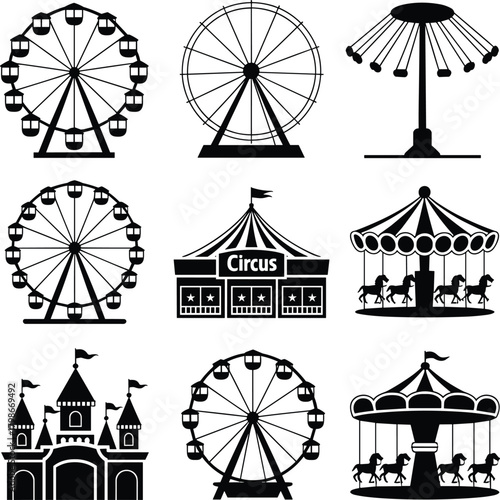 Amusement park icon set, black silhouettes of carnival rides, including multiple ferris wheels, carousels, a circus tent, funfair castle, and swing ride.