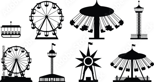 Amusement park silhouette collection, vector icon set of carnival rides, including ferris wheel, swing carousel, drop tower, and cable car, isolated on white.