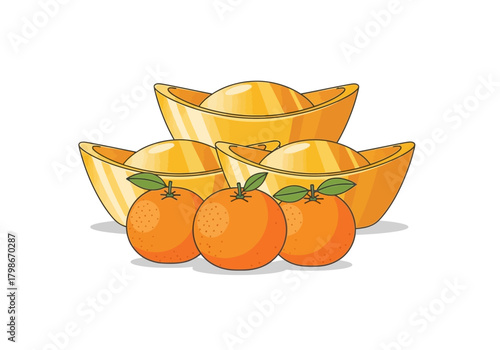 Golden Ingots and Oranges Symbolizing Wealth and Prosperity.