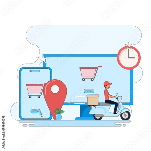 Illustration of an E-Commerce Courier Delivering Orders from a Laptop and Smartphone