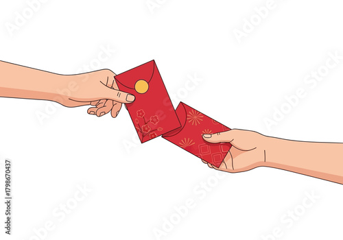 Two hands exchanging traditional red envelopes during a festive celebration.