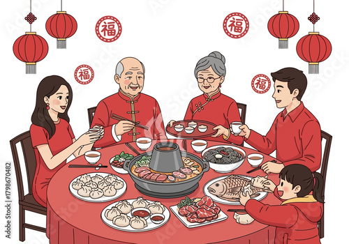Chinese New Year Family Dinner Celebration with Hot Pot and Traditional Dishes.