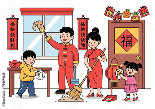Family cleaning house together during Chinese New Year celebration.