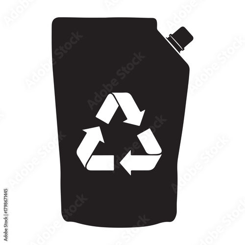 Black Silhouette of a Pouch with Spout and Recycling Symbol on White Background flexible packaging