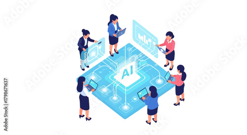 Women Team Collaborating on AI Technology Development Isometric