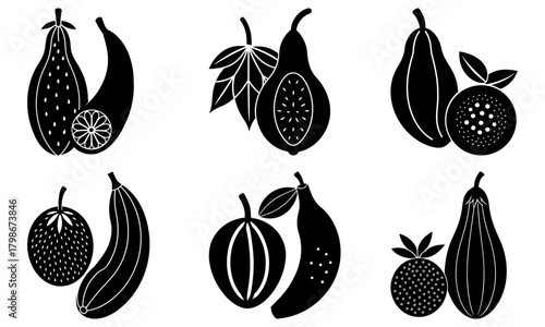 Collection of black and white fruits including bananas papaya and passion fruit in a graphic style