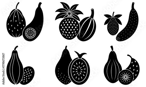 Illustration of various tropical fruits including pineapples and passion fruits in black and white style
