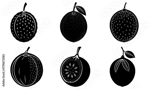 Illustration of six passion fruit in black and white, whole and halved, with leaves and stems present