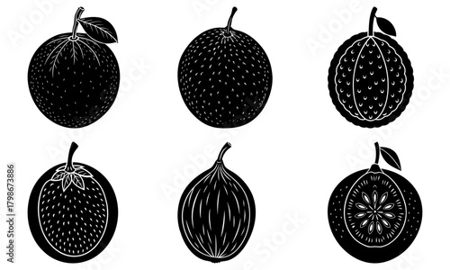 Collection of six black and white passion fruit illustrations in various styles and arrangements