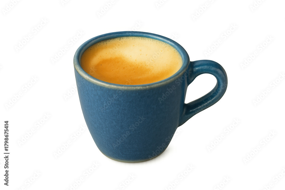 Naklejka premium Blue ceramic mug presenting hot espresso coffee, a popular caffeine drink with creamy foam isolated for easy use