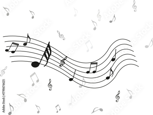 A flowing musical staff with various notes and clefs on a white background with a scattered pattern of musical symbols.