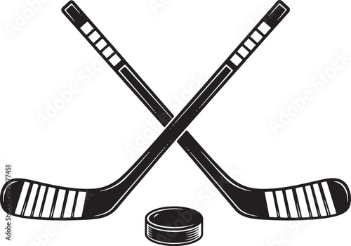 Crossed Hockey Sticks and Puck Silhouette with Striped Blades ice hockey