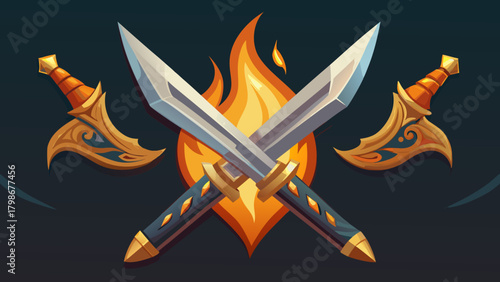 Two crossed swords with ornate hilts and a bright flame background
