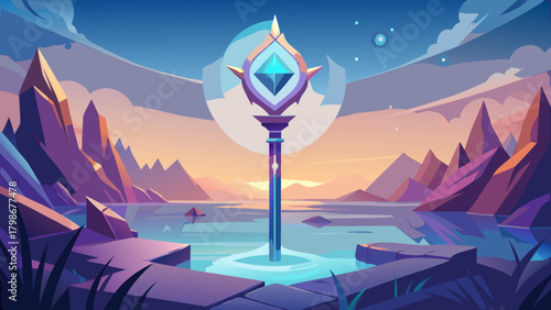 Magical staff with a glowing gem in a fantasy landscape at sunset