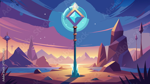Mystical staff with glowing crystal in a surreal alien landscape