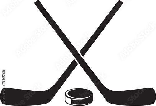 Simple Silhouette of Crossed Hockey Sticks and Puck ice hockey