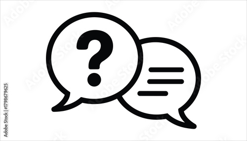 Black question mark inside a speech bubble next to a speech bubble with horizontal lines on a white background