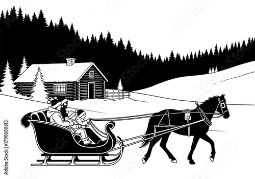 Black and white illustration of a family riding in a horse-drawn sleigh.