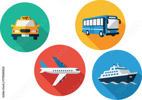 Flat design vector icons representing various modes of transportation such as car, bus, airplane, and ship, suitable for illustrating travel, tourism, and logistics concepts