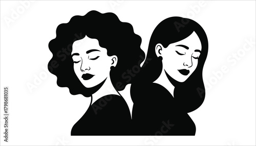 Two women with closed eyes facing away from each other in black and white graphic illustration woman