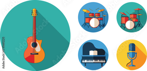 Vibrant Music Instruments Guitar, Drums, Piano, and Microphone Icons