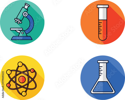Colorful circular science icons set with a long shadow effect, featuring a microscope, atom, test tube, and beaker