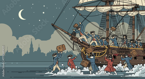 Historical illustration of the Boston Tea Party depicting colonists throwing crates of tea from a ship into the harbor at night.
