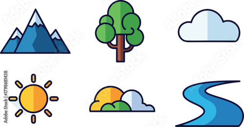 Set of six nature-themed icons depicting mountains, a tree, clouds, the sun, hills, and a river