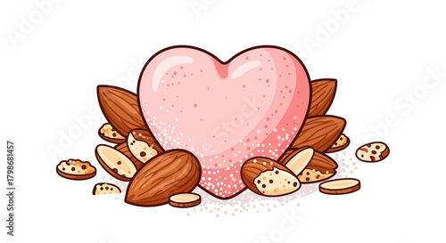 Pink heart shape surrounded by whole and sliced almonds on a white background, representing healthy love or nut-based products.