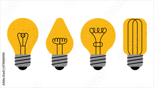 Four stylized yellow light bulbs with black filament and grey bases on a white background idea innovation