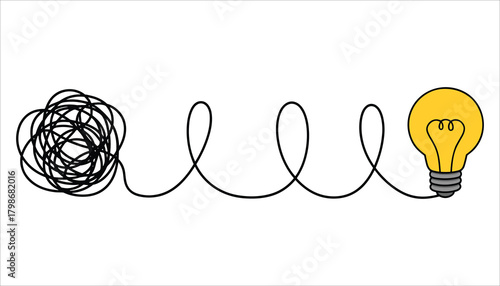 A tangled black line connects a chaotic scribble to a bright yellow light bulb on a white background