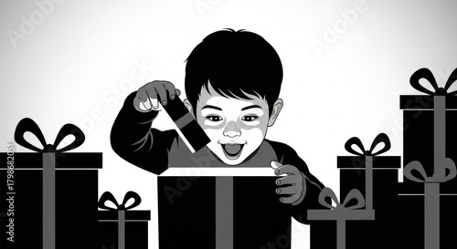 A delighted little boy joyfully unwraps a special present.