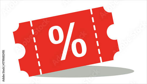 Red discount coupon with white percentage symbol and dashed perforation lines on white background sale