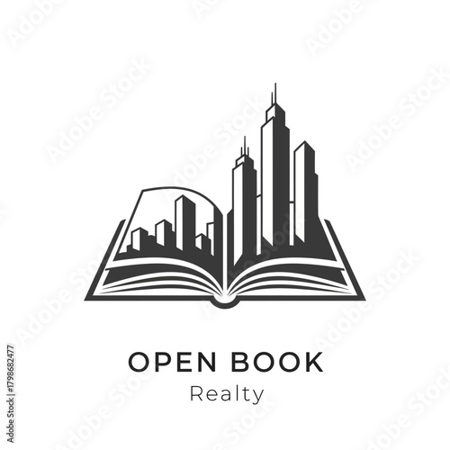 Open book with city skyline, representing knowledge and real estate opportunities.