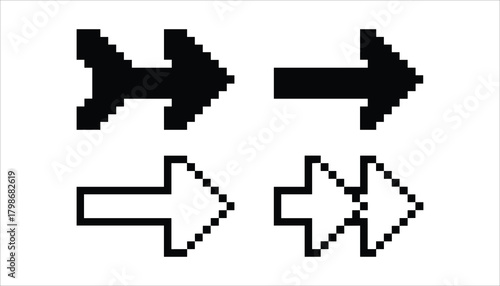 Four pixelated arrow icons in black and white on a white background graphic