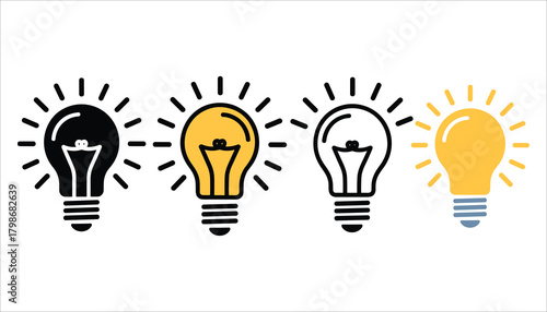 Four light bulb icons in black yellow and blue on white background idea innovation