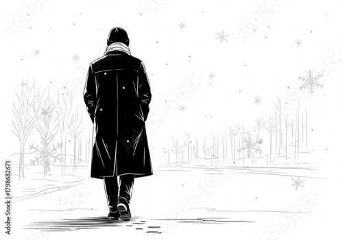 A solitary person in a long dark coat and scarf walking away.
