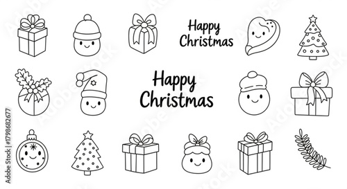 Cute Christmas doodles for holiday cheer, perfect for festive cards, social media, and seasonal designs; celebrate with hand-drawn gifts and smiling characters