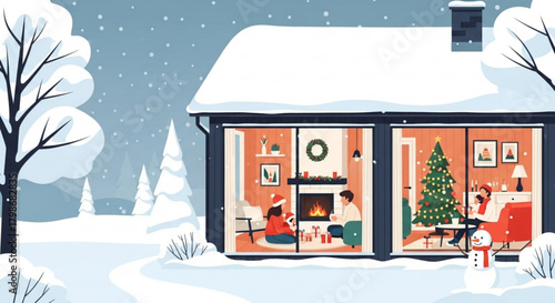 Cozy winter holiday scene with family opening presents near fireplace, sharing joy and warmth in their snow covered home, celebrating Christmas together