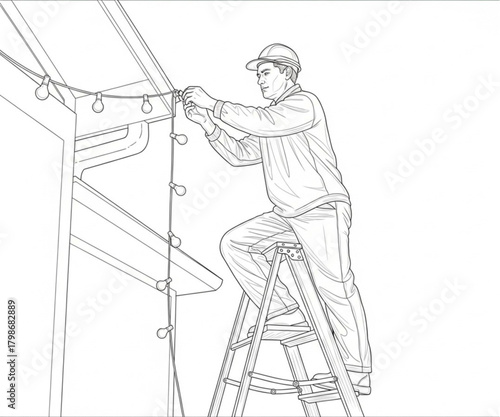 Line drawing of a man on a stepladder hanging festive string lights on a house.