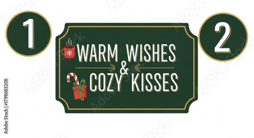 Festive warm wishes and cozy kisses greetings with a gift, candy cane, and steaming cup, perfect for sharing holiday cheer and spreading seasonal joy