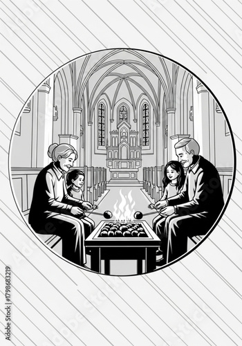Black and white illustration of a family roasting marshmallows together.