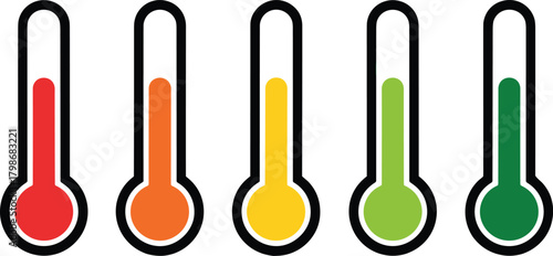 Five thermometers with red orange yellow green and dark green liquid levels temperature measurement