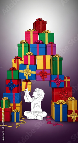 A small white figure builds an archway from a large pile of colorful presents.