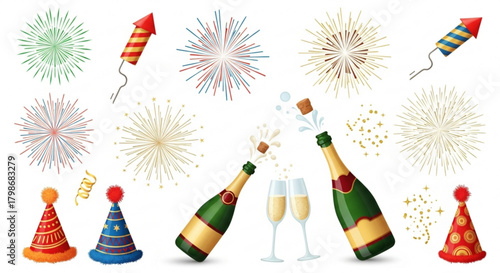 Celebrate New Year's Eve with champagne, fireworks, and party hats, perfect for festive designs and invitations, originally a scalable vector graphic