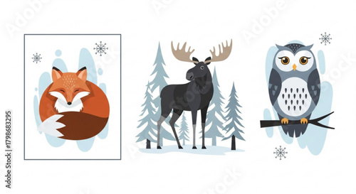 Charming winter woodland animals art, a fox, moose, and owl create a whimsical winter scene, perfect for children's decor and holiday cards