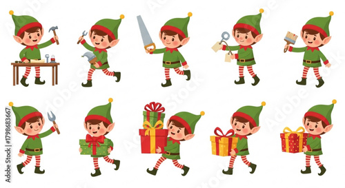 Delightful Christmas Elf Characters Busy with Holiday Preparations Gifts and Toys originally designed as vector graphics for scalable design needs